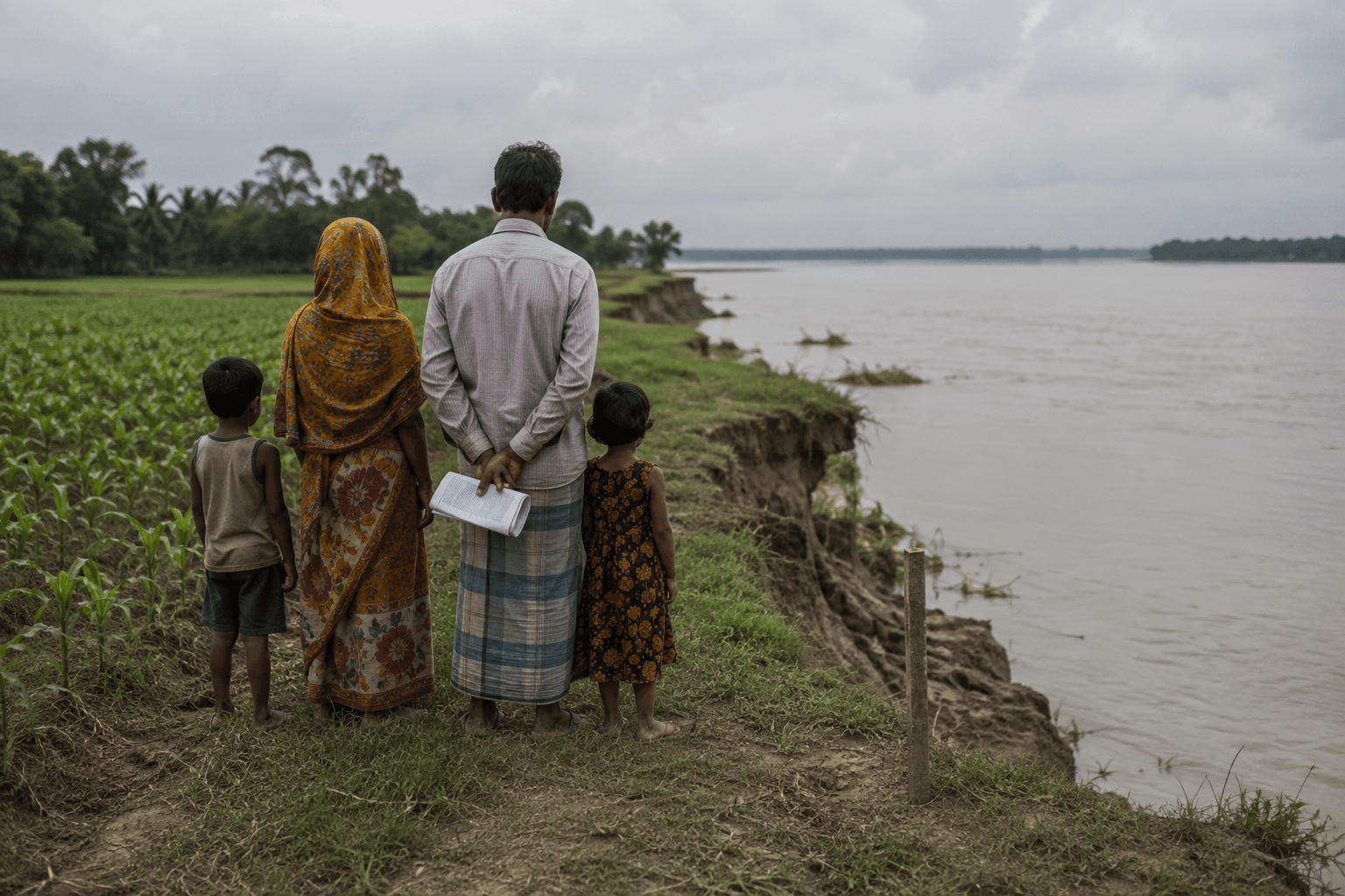 A farming family beside cultivated land and an eroding riverbank in Bangladesh
